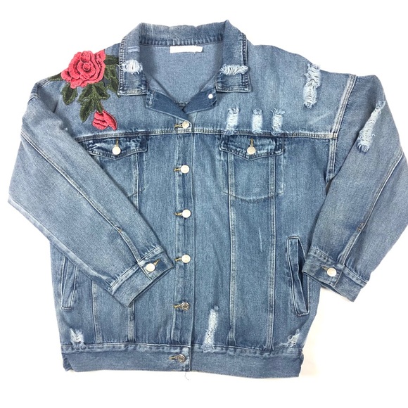 Women’s Distressed Floral Appliqués Denim Jacket L - Picture 2 of 16